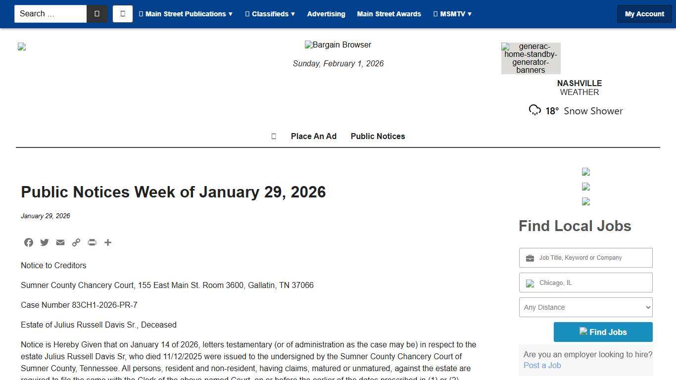 Public Notices Week of January 29, 2026 - Main Street Media of Tennessee